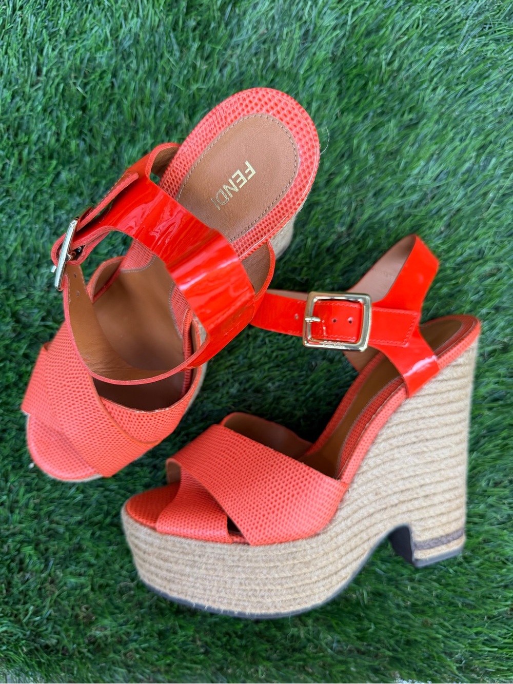 Fendi Orange Patent and Woven Rope Platform Wedge Sandals